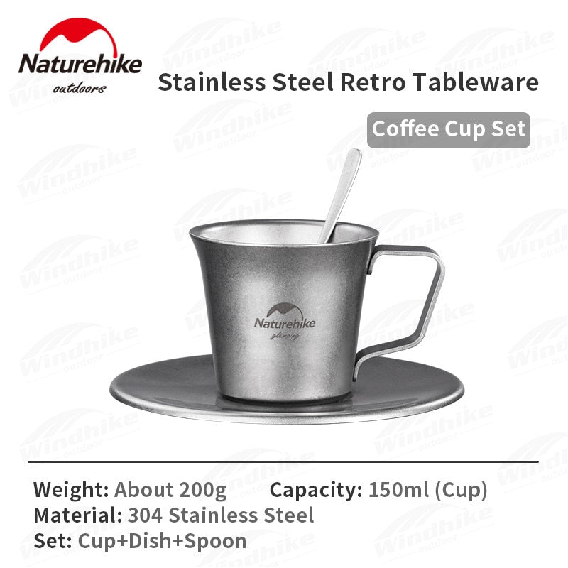 Naturehike Stainless Steel Retro Tableware Set Outdoor Portable Lightweight Vintage Style Plate Dish Cup Mug Coffee Tea Set Camping Hiking Picnic BBQ Dining Travel Utensil Heavy Duty Original Nature Hike