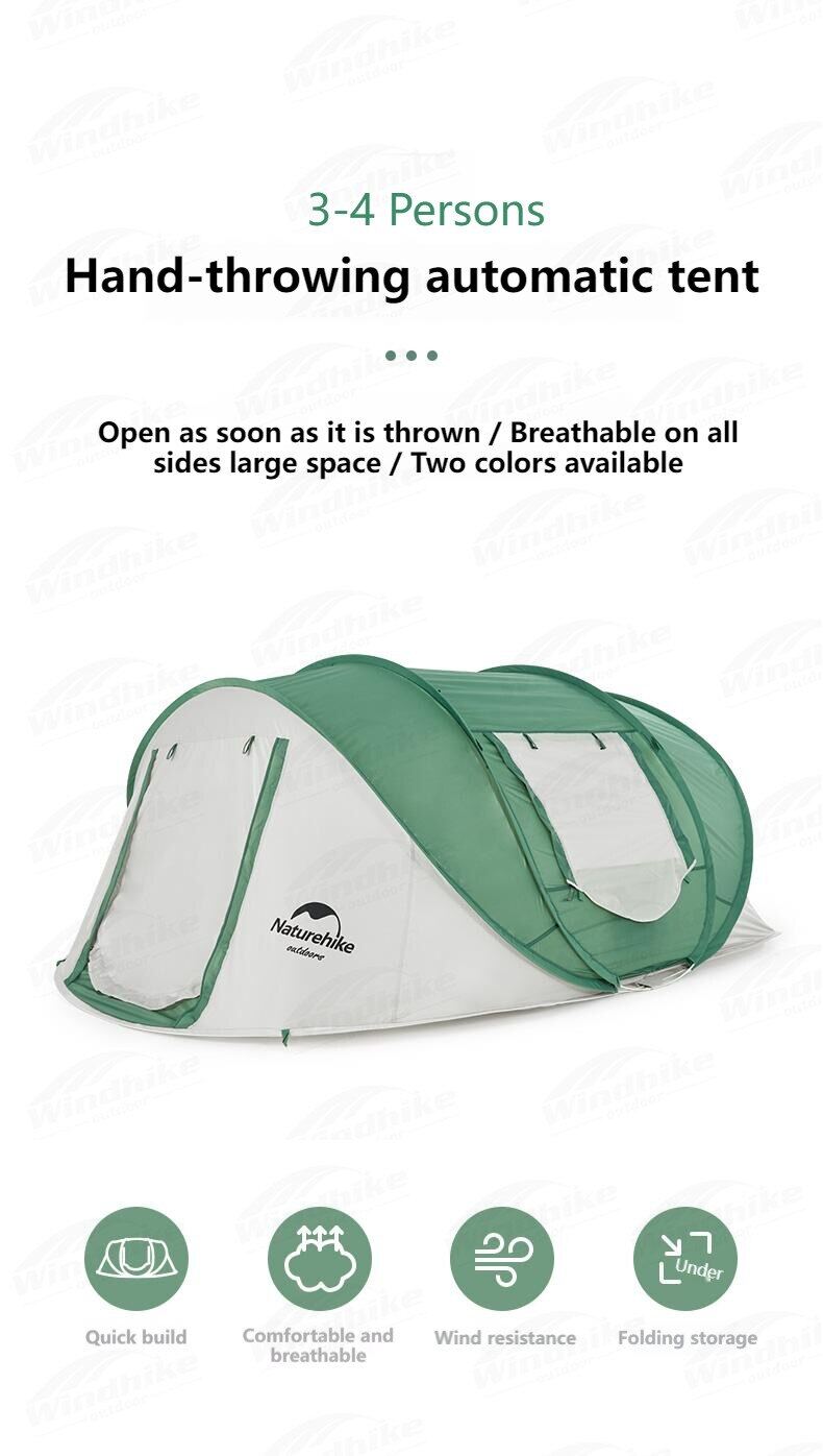 Naturehike 3 to 4 Persons Pop Up Quick Fast Open Automatic Tunnel Camping Tent Portable 2 Doors Large Space Auto Waterproof Tent Folding Storage