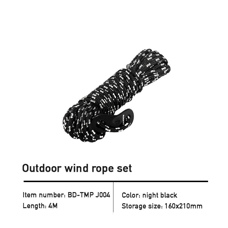 BLACKDOG Black Wind Rope 8pcs 4m Set with Buckle Tensioner Outdoor Camping Tent Tarp Awning Canopy Reflective Nylon Guy Lines 4mm String Size Pack