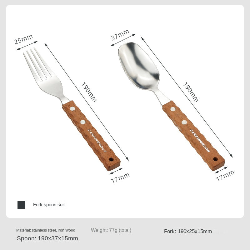 Campingmoon CS-23 Fork Spoon Two Piece Set Outdoor Portable Stainless Steel Solid Wood Handle Tableware Fork Spoon Wooden Handle Hanging Design