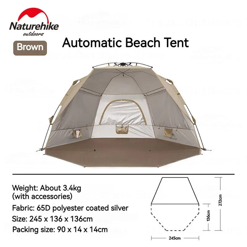 Naturehike Fast Automatic Beach Tent Silver Coated Sunscreen Shade for 3-4 Person Canopy Awning Tarp Waterproof Sunshade Outdoor Camping Panoramic View Breathable Quick Open Nature Hike
