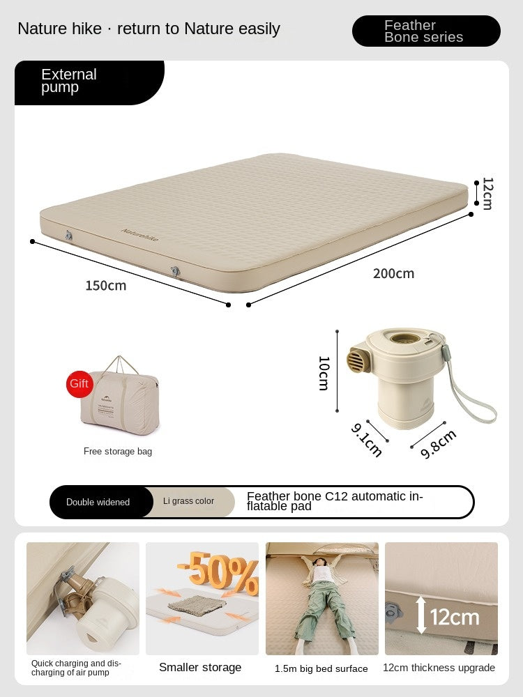 Naturehike FEATHER BONE C12 Inflatable Sleeping Pad Cushion Foam Queen Size Mattress Bed Mat Portable Storage Built-in Air Inflate Deflate Pump
