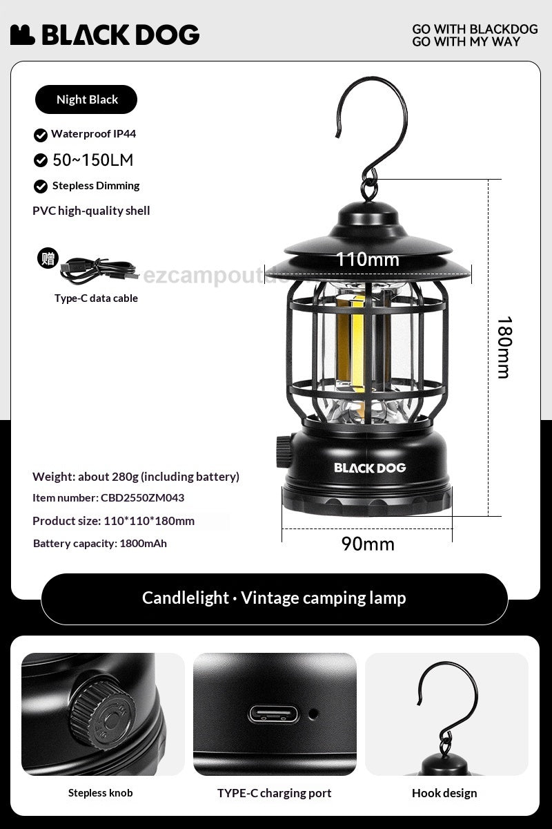 Blackdog CANDLELIGHT Retro Camping Lamp Black LED Light Ambient Lantern USB Charging 1800mAh Battery Long Life Lamp IP44 Waterproof Tent Outdoor