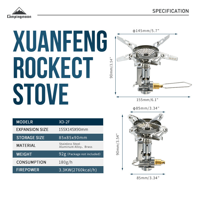 CAMPINGMOON XD-2F Mini High-Power Rocket Stove Duty Butane Gas Fuel Burner 3.3kw Firepower Built-in Igniter Screw Type with Storage Bag Camping Hiking