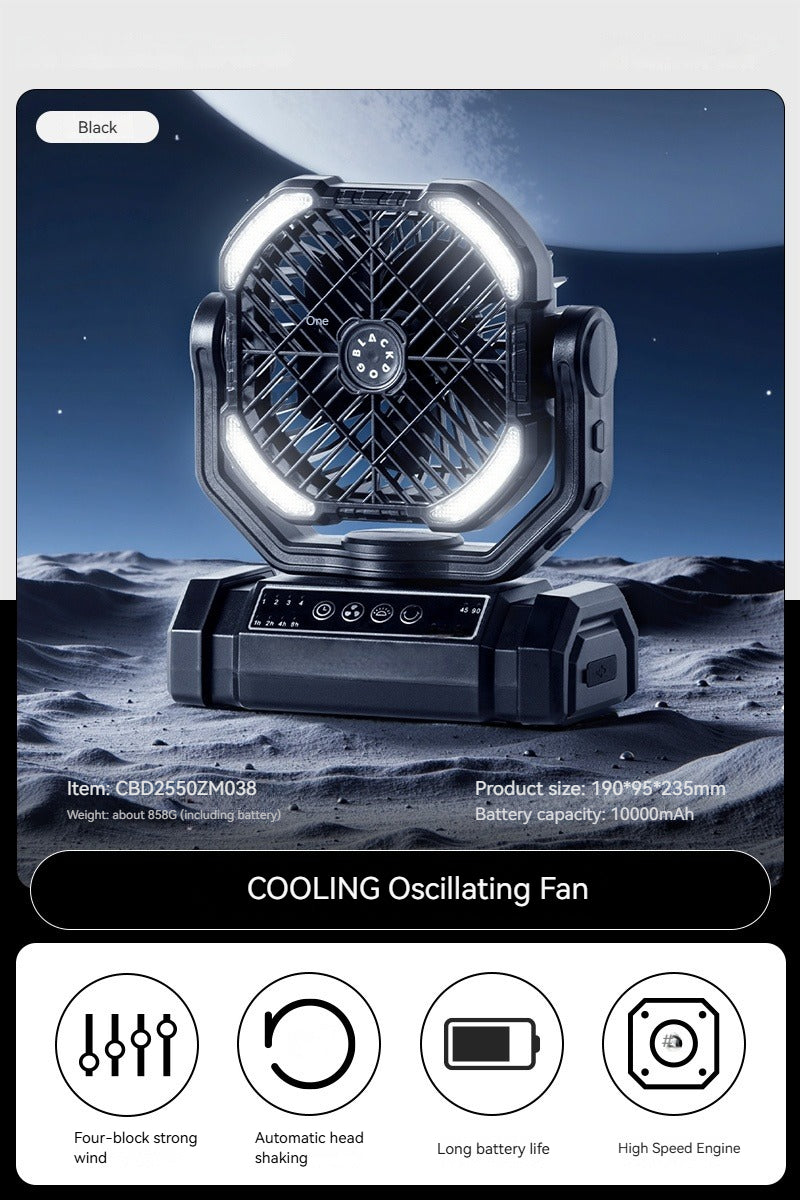 Blackdog COOLING Oscillating Fan Portable Lightweight Multifunctional Wireless Electric Desktop Small Fan With Lamp 10000mAh USB Charging Camping Outdoor