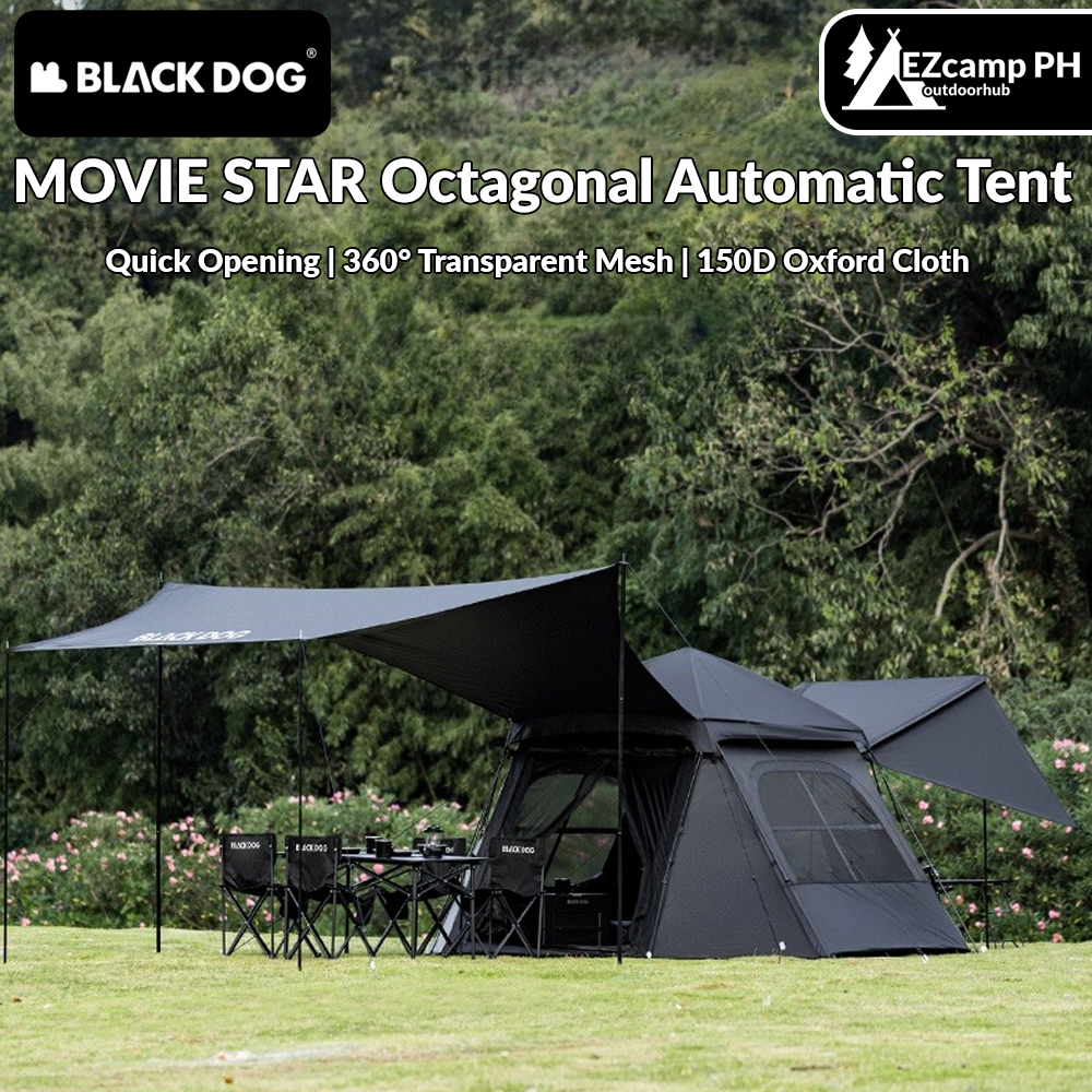 Blackdog MOVIE STAR Octagonal Automatic Tent Dome Style 4 Person Outdoor Camping Tent Up To 14.5m² Use Space Waterproof PU3000mm Black Vinyl Coated Sunscreen Black Khaki