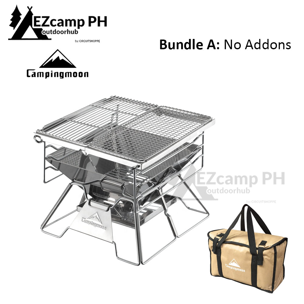 CAMPINGMOON X-TWO Portable Multi-Function Camping Charcoal Barbecue Grill Foldable Outdoor Pure Stainless Steel Cast Iron Steak Grill Cook Fry BBQ