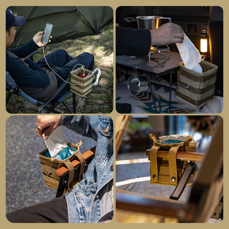 Campingmoon Black Table and Chair Side Storage Bag Outdoor Camping Tactical Design Portable Foldable Polyester Small Large Universal Armrest Hanging Side Pocket Bag Camping Moon BK-1212 BK-1235