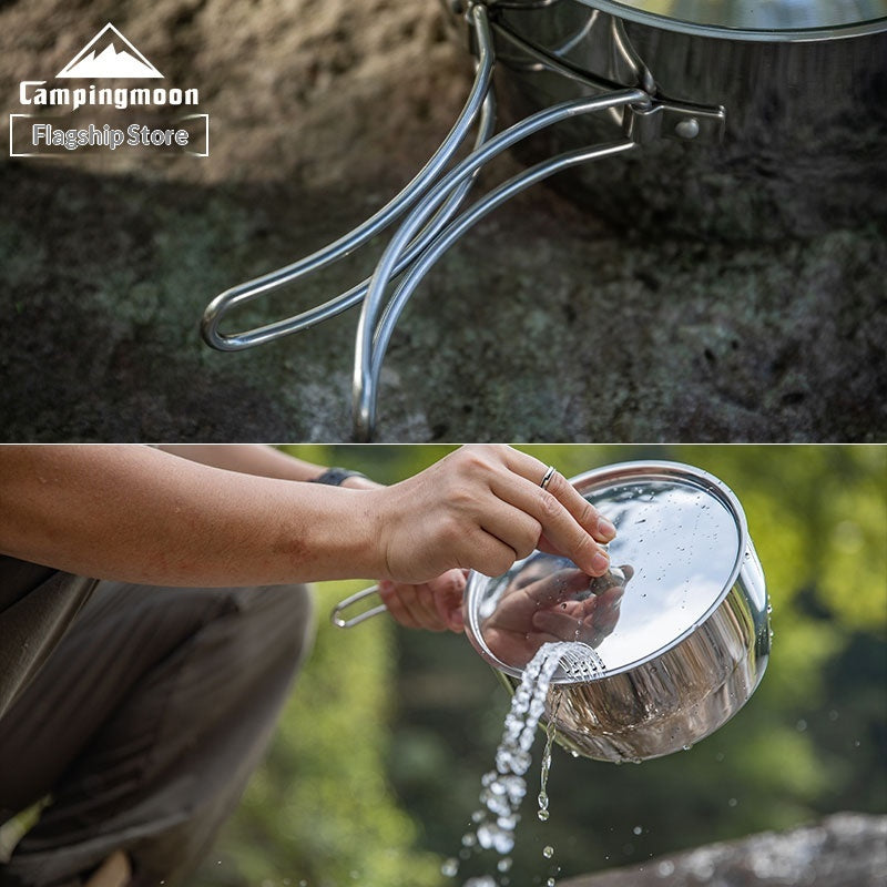 Campingmoon Stainless Steel Camping Cookware Set Portable Lightweight Large Capacity Hanging Pot Single-Handed Draining Pot Home Outdoor Camping