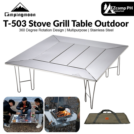 Campingmoon T-503 Stove Grill Table Outdoor Portable Multifunction Stainless Steel Fireplace Folding Gathering Barbecue Table Detachable Board