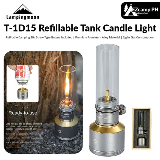 CAMPINGMOON T-1D15 Refillable Gas Tank Candle Lamp Light with Premium Aluminum Screw Type Camping Butane 15-20g Refill Canister Multiple Use to Outdoor Lantern Stove Torch Camping Moon TC-15 BKTC-15