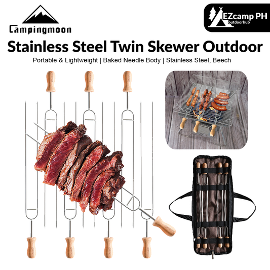 CAMPINGMOON MK-8 Stainless Steel Twin Skewer Outdoor Portable Lightweight Food Grade BBQ Skewers With Wooden Handle Barbecue Kebab Fork Needle