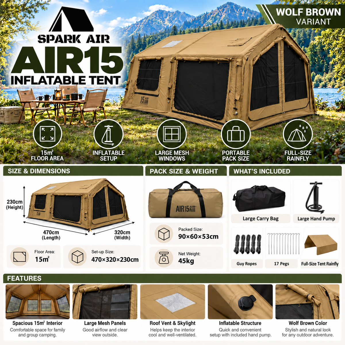 Spark Air AIR15 Inflatable Cabin Tent 15m² Large Space 6-8 Persons TC Cotton Camping Tent