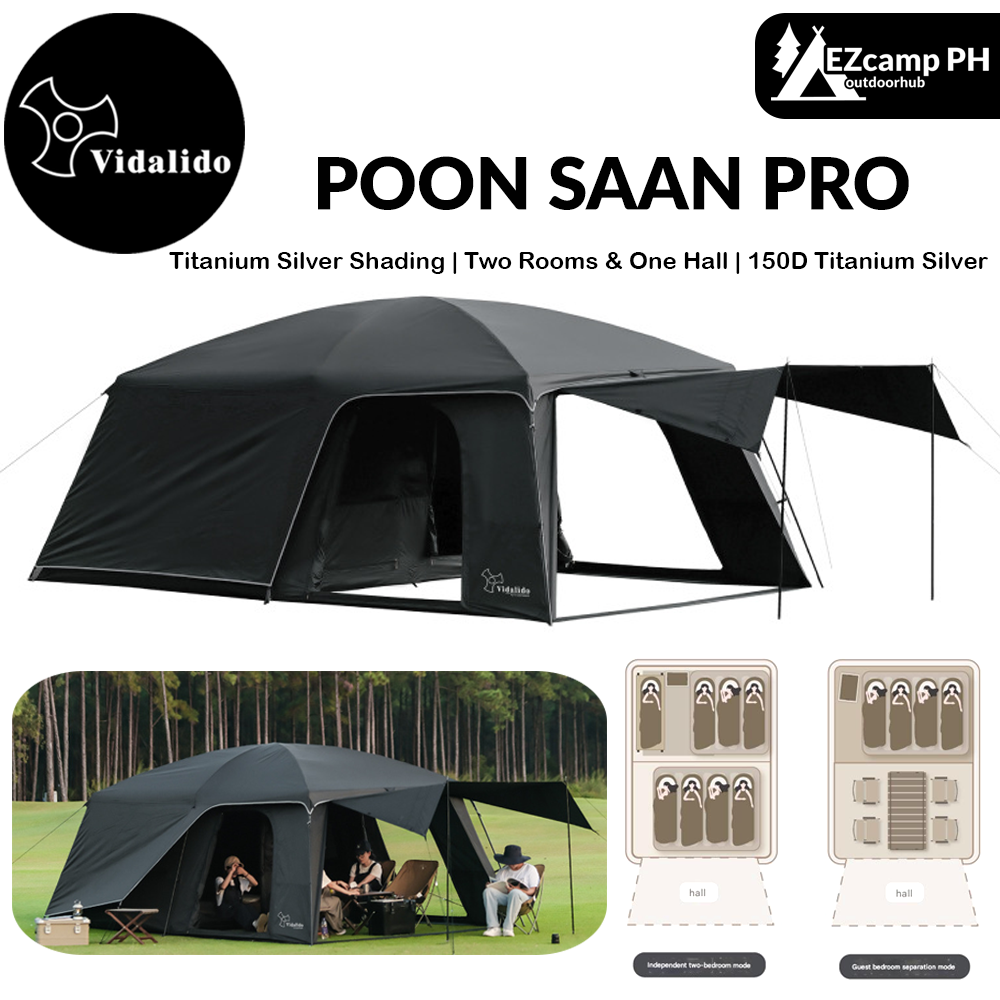 Vidalido POON SAAN PRO 8-10 Person Banshan Villa XL Cabin Black Camping Tent 15m² Interior Space 2 Bedroom Waterproof Titanium Silver Coated