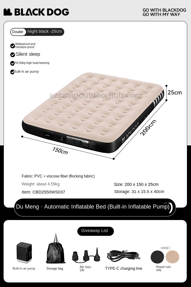 Blackdog CLOUD NEST Automatic Air Inflatable Bed Sleeping Pad 1-2 Persons Camping Home Use Single Queen Size Mattress Built-in Electric USB Charging Air Pump Lamp