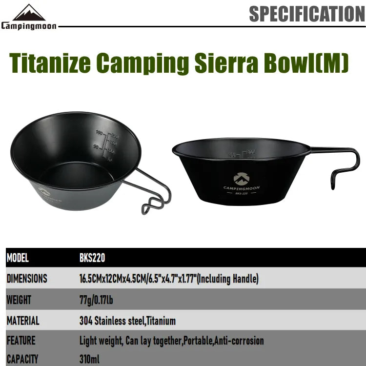 CAMPINGMOON BKS Series Black Stainless Steel Sierra Bowl Beer Coffee Tea Mug Shot Glass Titanium Coated Shera Hanging Cup Stackable Storage Utensil