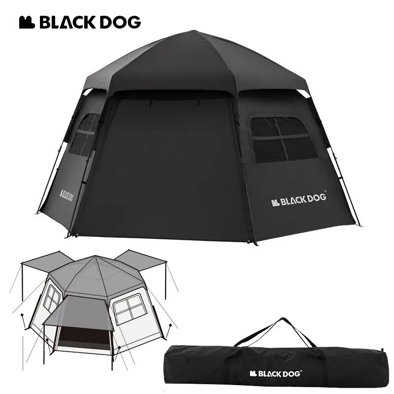 BLACKDOG Hexagonal Fast Automatic Tent Outdoor Camping Large 12.5m² for 4-6 Person Blackout Sunscreen 3 Side Awning Vinyl Coated Hexagon Auto Tent