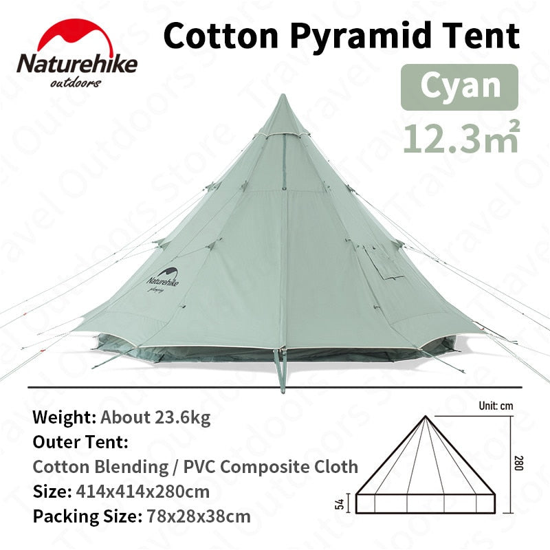 Naturehike BRIGHTEN Series 12.3 Pyramid Tent Blended Cotton Bell Camping Tent 12.3m² Large Family Group Luxury Shelter for 5 to 8 Person Tipi Tepee