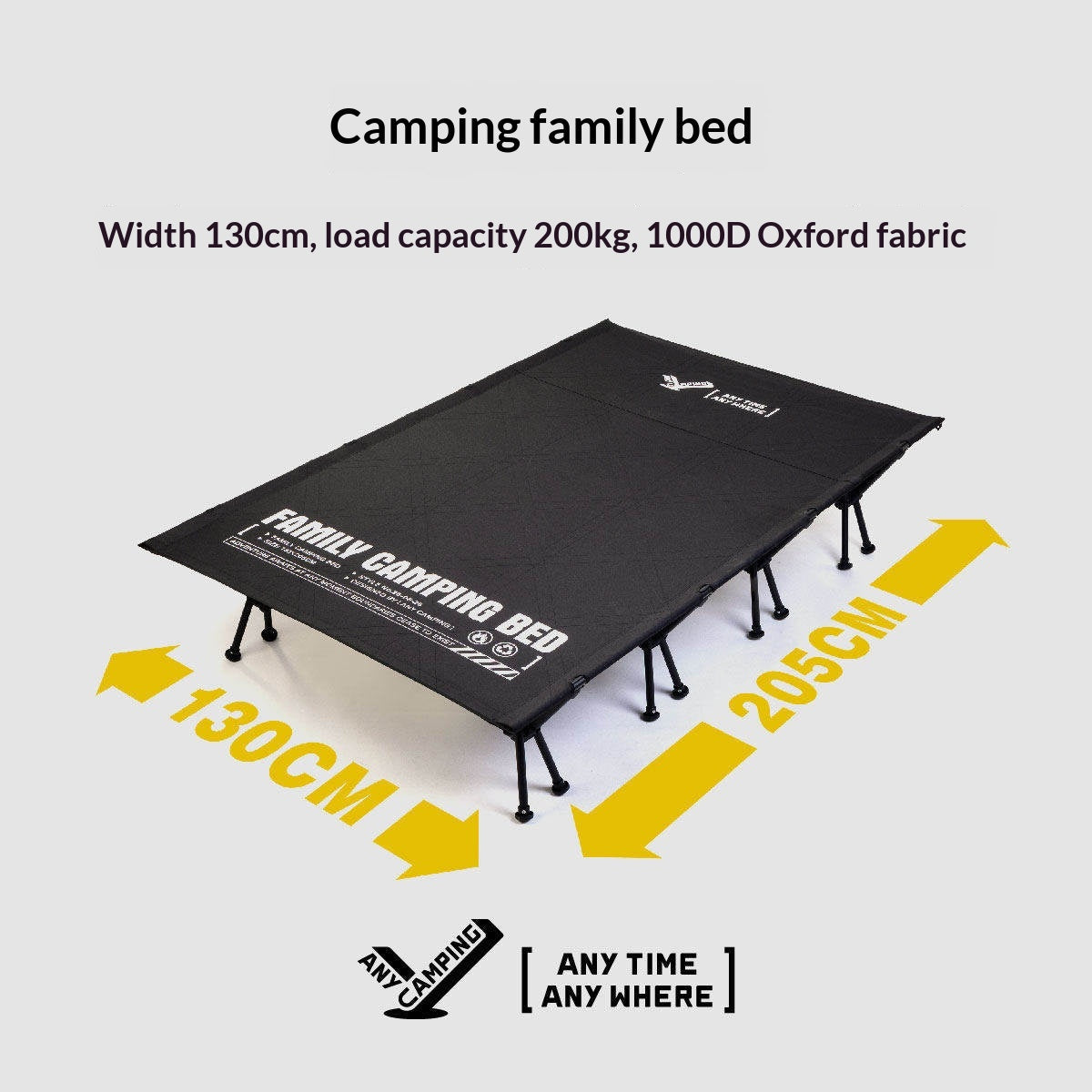 ANY CAMPING Family Camping Bed Quick Setup 2-Person Extra Wide Adjustable Folding Cot Load Bearing 200kg 130x205cm Heavy Duty 1000D Oxford Fabric