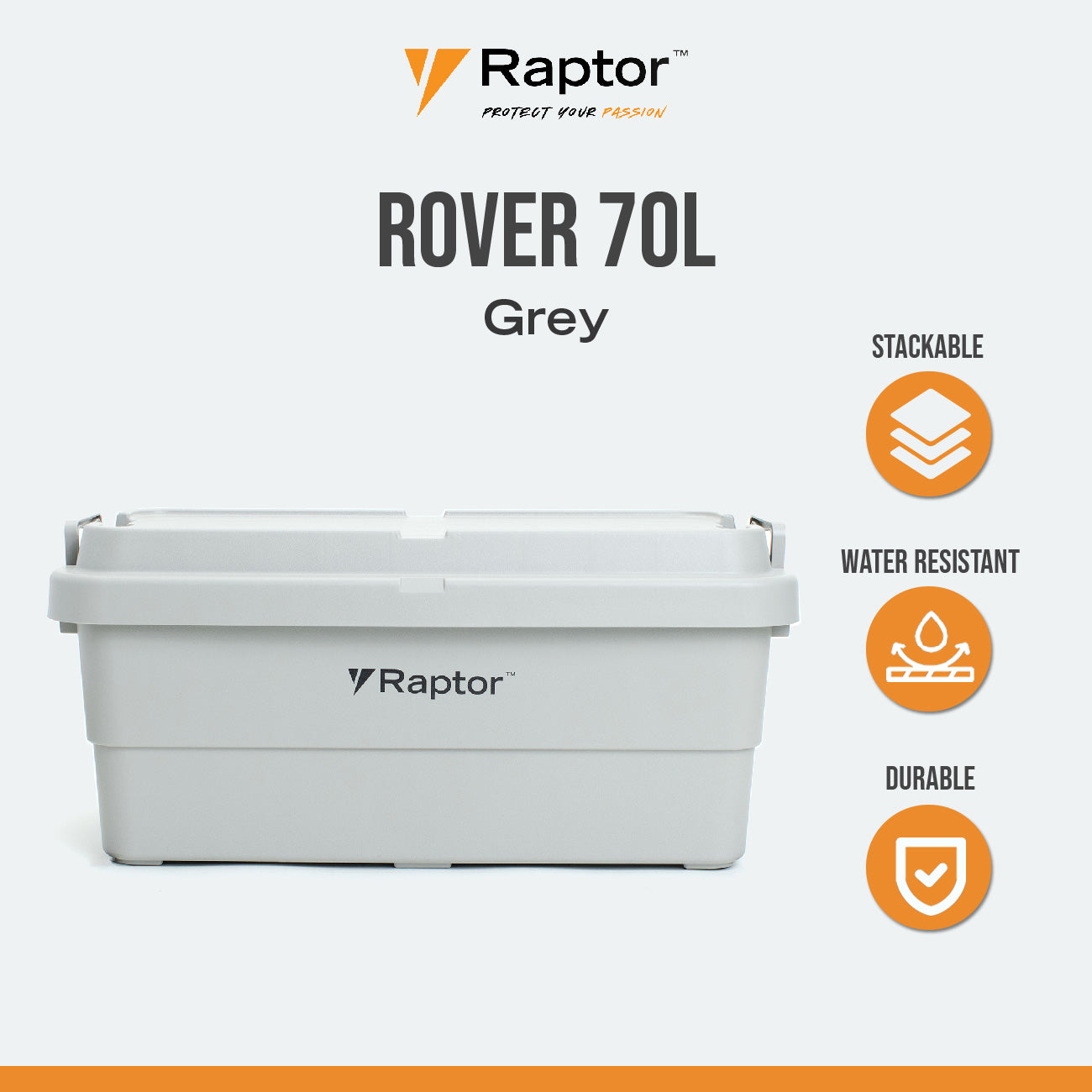 Raptor ROVER Series Storage Rig Box Multipurpose Organizer 30L 50L 70L Large Capacity Reinforced Grid Lid Stackable & Nesting Design Wood Tabletop
