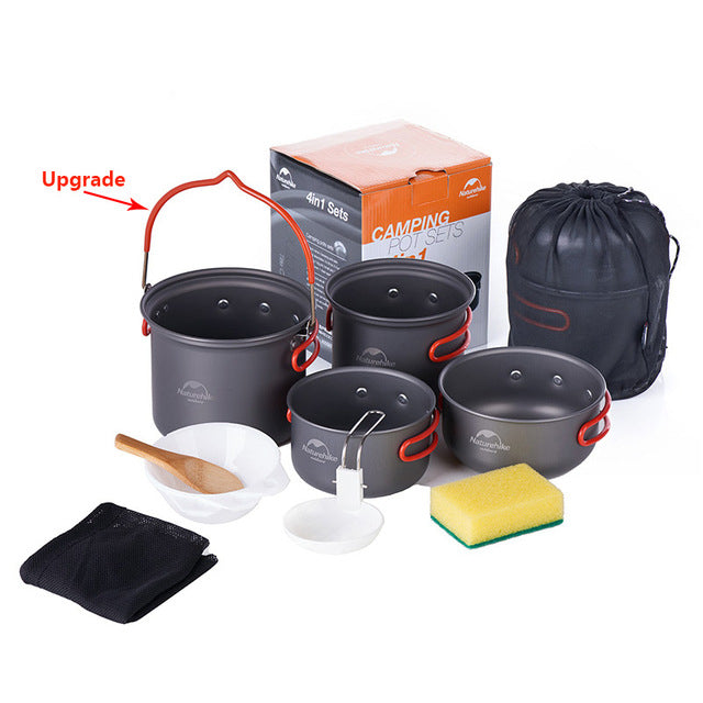 Naturehike 4 in 1 Portable Outdoor Camping Cookware Pot Pan Set Camp Picnic Aluminum Alloy Cooking Ware Tableware and Utensils Kit Ultralight Cook Kaldero Nature Hike