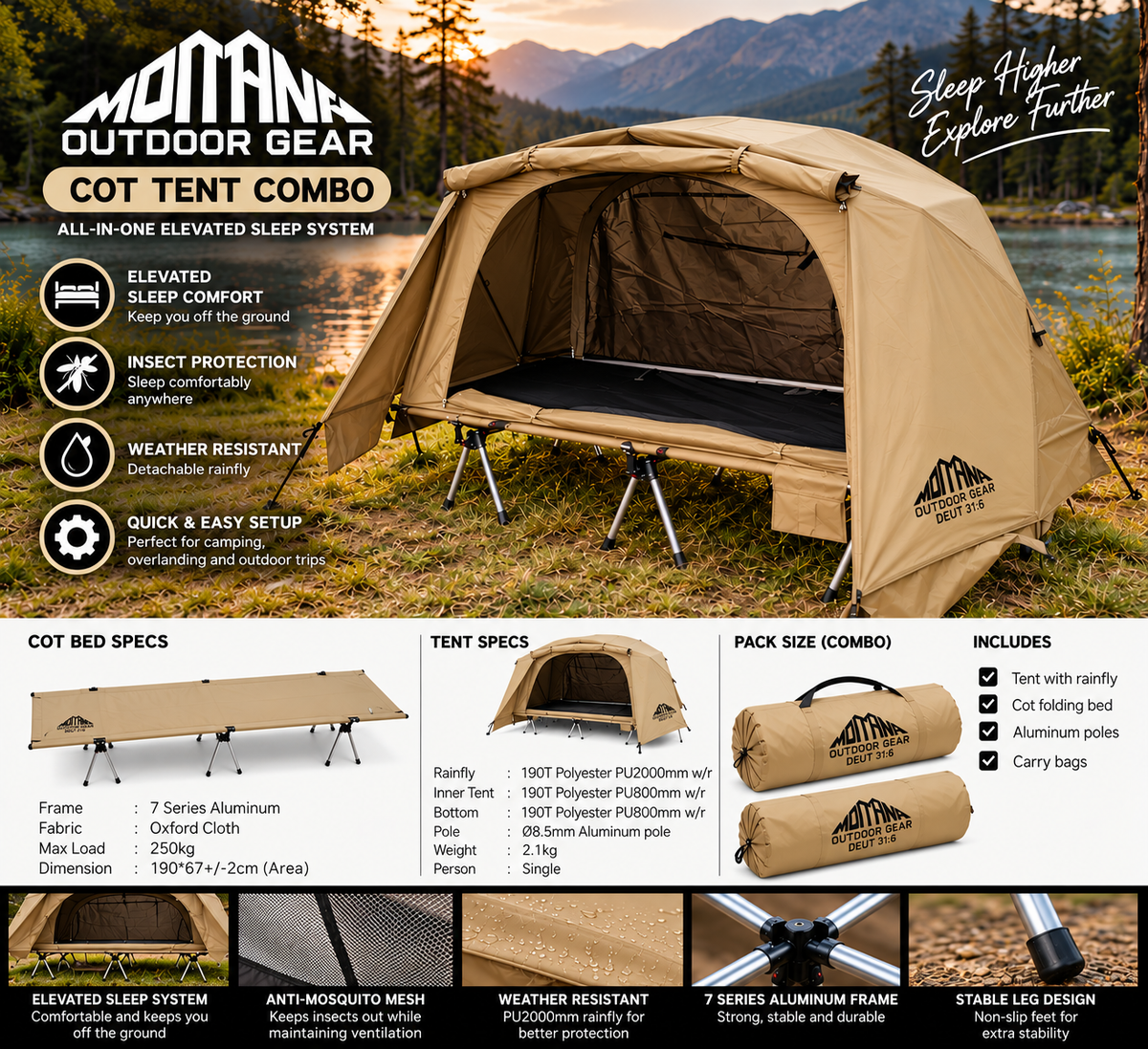 Montana COT TENT Combo Off the Ground Single Person Ultralight Portable Waterproof Camping Tent