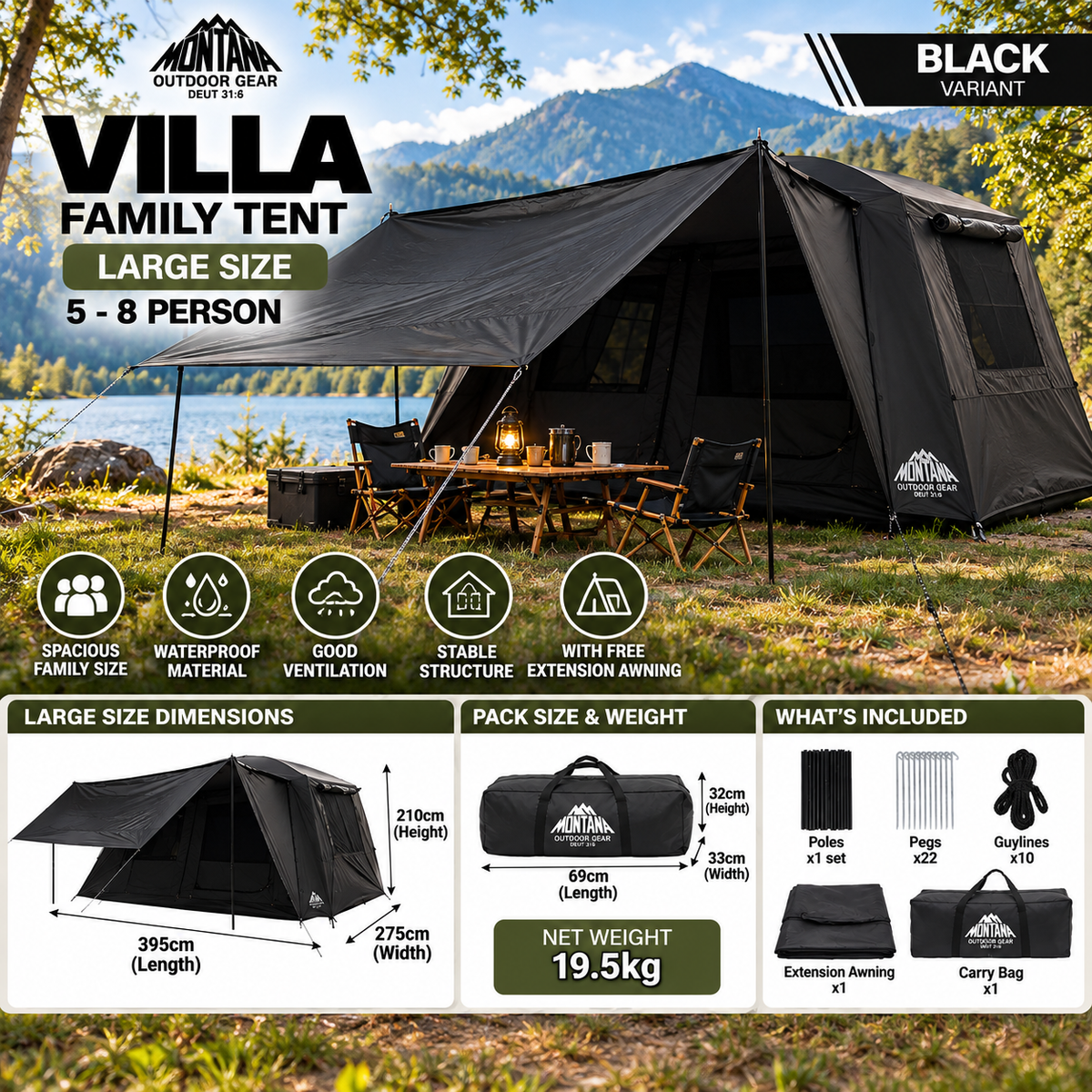 Montana VILLA Cabin Style Family Camping Tent Large Medium 5-8 Person Waterproof Manual Silver Coat