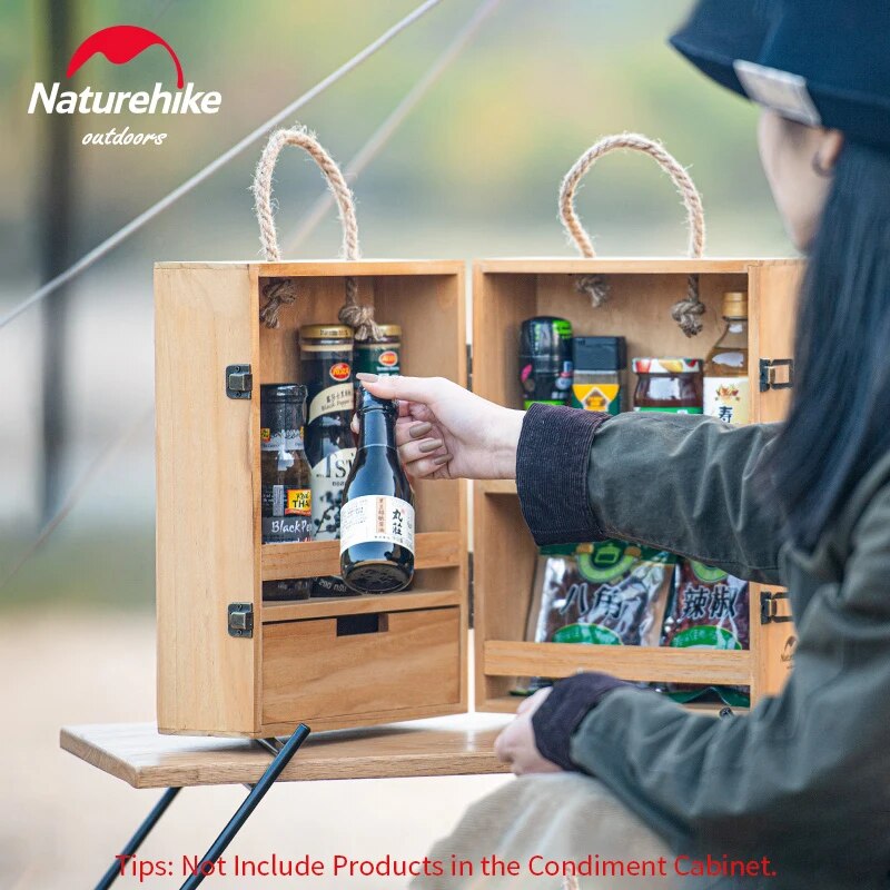 Naturehike Condiments Multi-Layer Storage Box Portable Folding Hemp Rope Belt Seasoning Sauce Solid Wood Cabinet Container Case Outdoor Camping Picnic BBQ Cookware Wooden Box 1.8kg Nature Hike