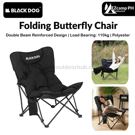 BLACKDOG Folding Butterfly Chair Portable Recliner Moon Chair Thickened Quilted Padding Wide Soft Seat Load Bearing 110kg With Side Pocket Outdoor