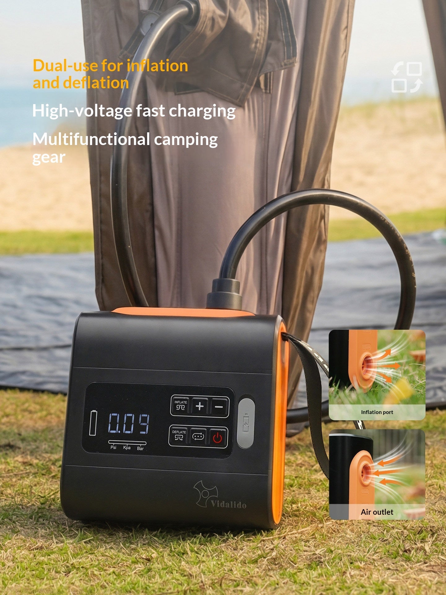 Vidalido Smart High Pressure Air Pump Portable Automatic Inflation & Deflation Electric Air Pump Fast Charging 5000mAh Battery Outdoor Camping