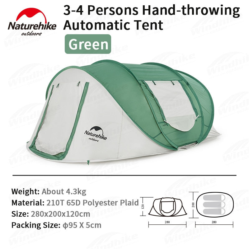 Naturehike 3 to 4 Persons Pop Up Quick Fast Open Automatic Tunnel Camping Tent Portable 2 Doors Large Space Auto Waterproof Tent Folding Storage