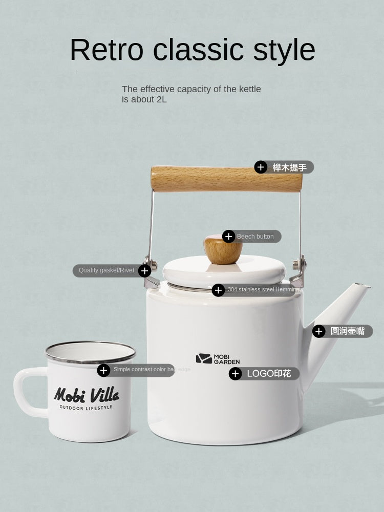 Mobi Garden Enamel Glazed Kettle and Mug 6 Layer Italian Enamelware Retro Classic Aesthetic Style 2L Boiling Water Coffee Tea Cookware Pot Cup Teapot