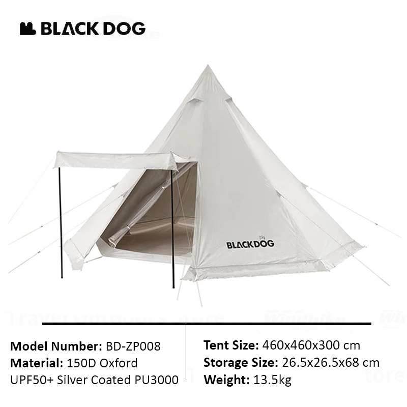 BLACKDOG Extra Large Pyramid Tent 5 To 8 Persons Black White Pyramid Tipi Hexagon Silver Coated Teepee Hexagonal Waterproof Outdoor Camping Hiking Picnic Beach Heavy Duty Original Black Dog
