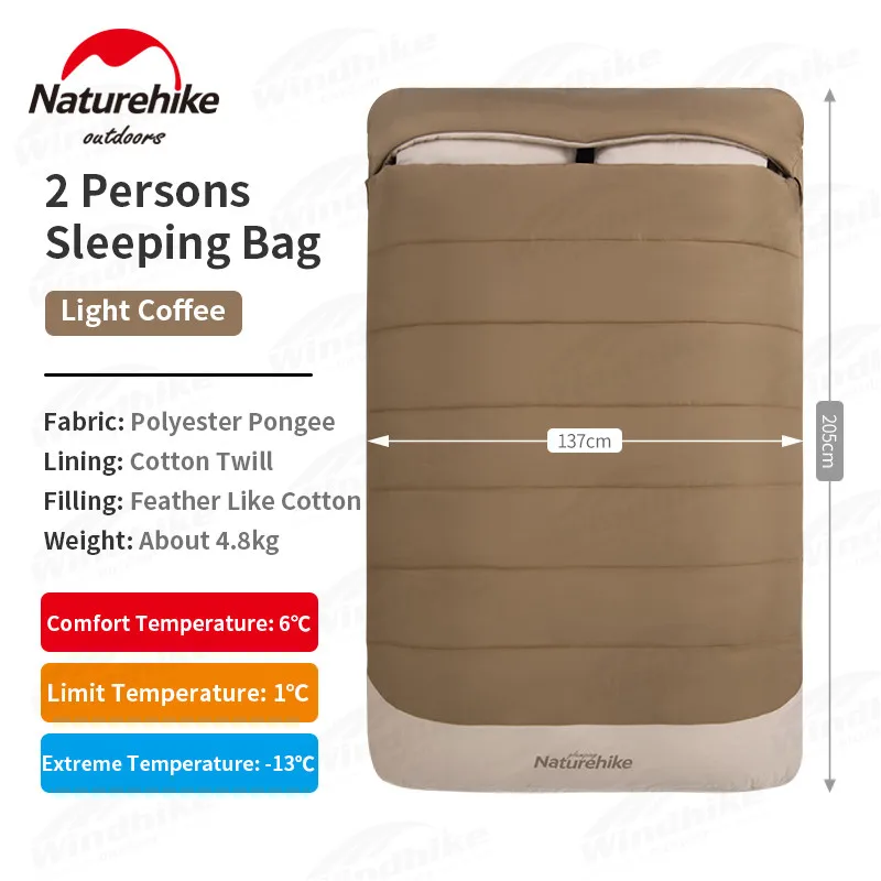 Naturehike 2 Persons Hooded Sleeping Bag Portable Foldable Multipurpose Free Combination Comfortable Outdoor Soft Warm 360° Package Design With Pillow Match Mat