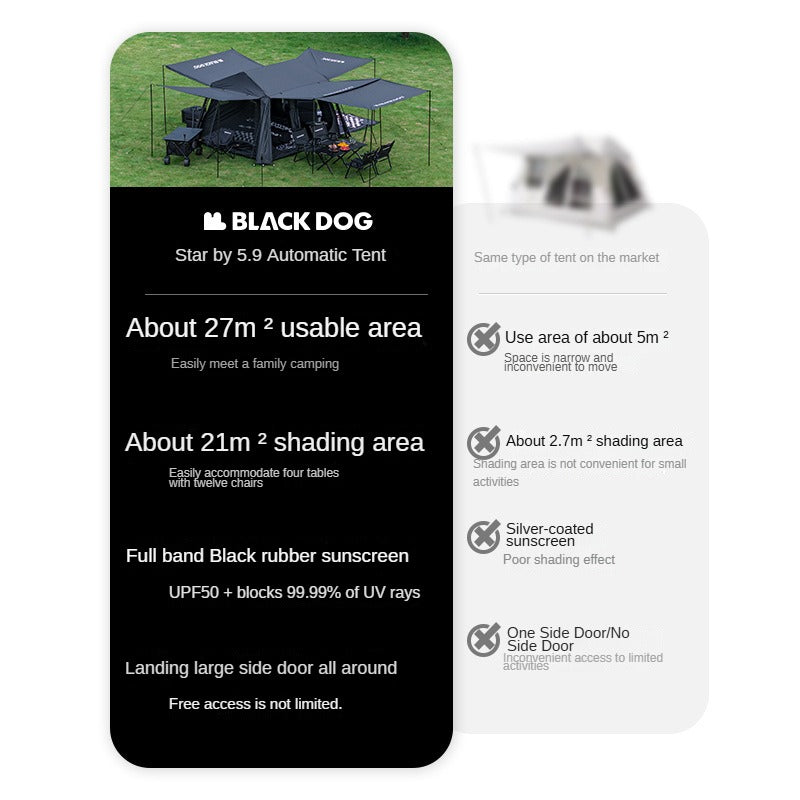 BLACKDOG STAR 5.9 Black Automatic Cabin Tent 1 Bedroom 4 Awning Canopy Halls Fast Build Tent For 3-4 Persons Large Up To 27m² Usable Area Vinyl Coated