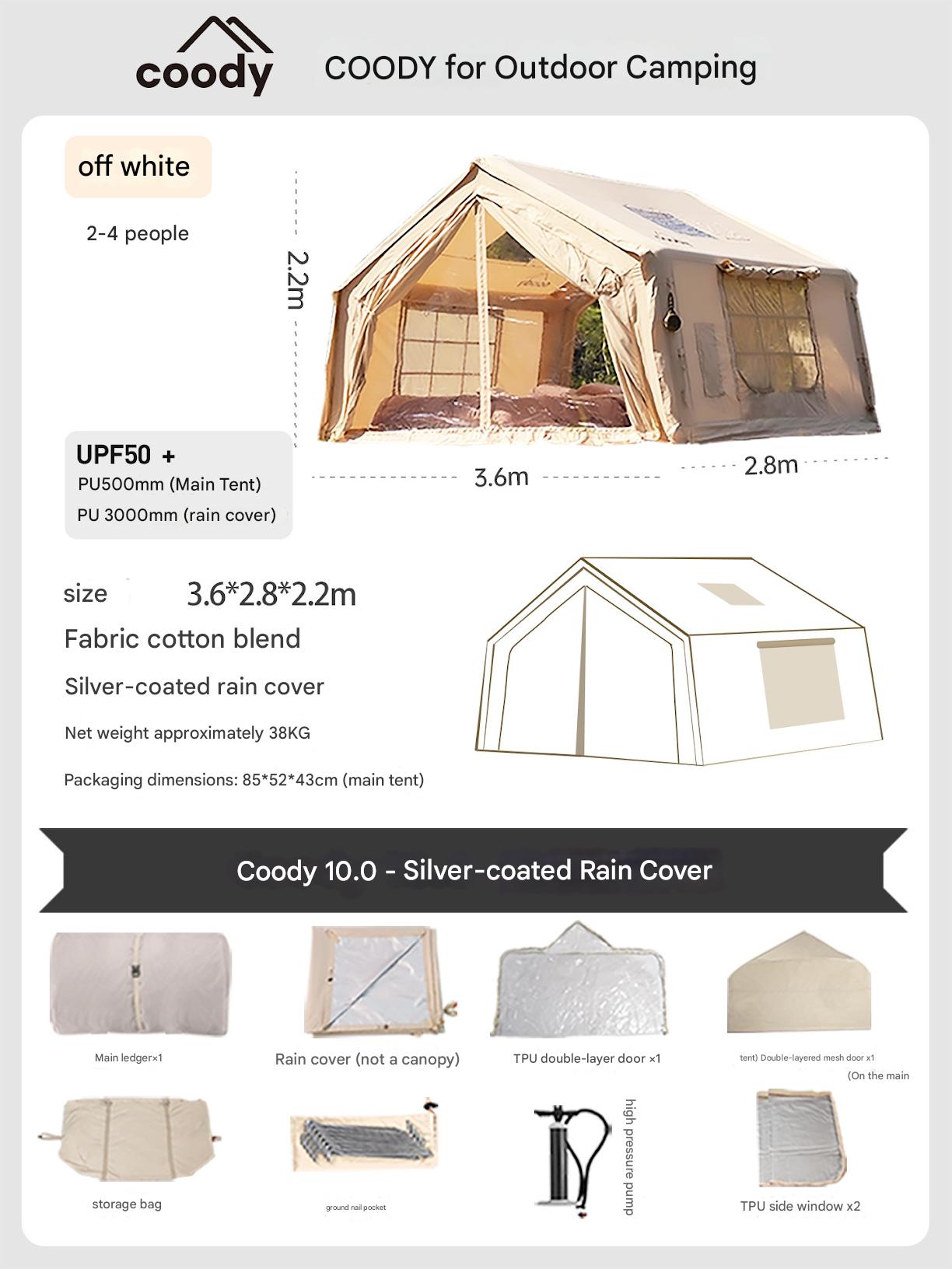 Coody AIR Cabin 10.0 Premium 4-6 Persons Inflatable Tent Blended Cotton PVC Air Pole Black Vinyl Coated Rain Cover Sunscreen 4 Season Rainproof Ridge Tent