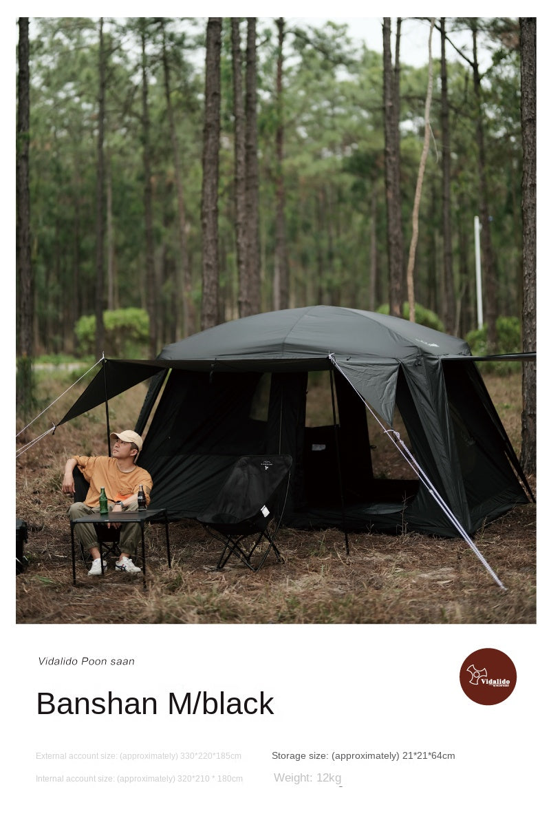VIDALIDO Poon Saan Cabin Style Tent Semi-Automatic Waterproof Breathable Outdoor Camping Medium Large Tent for 4-10 Person Black Khaki Banshan Villa