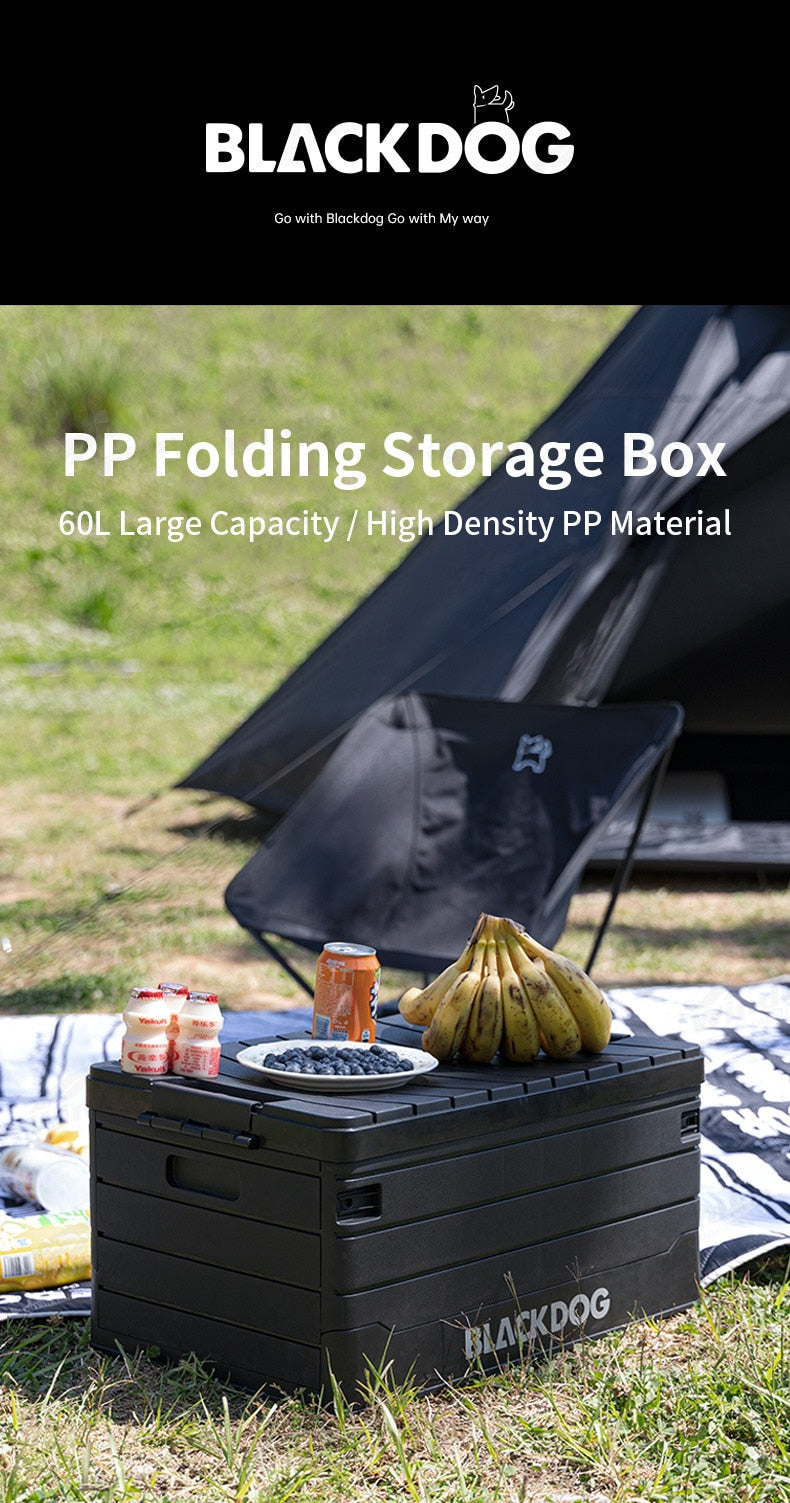 BLACKDOG PP Foldable Storage Box Portable 60L Capacity Collapsible Camping Container Outdoor With Tabletop Board Hiking Picnic Beach Travel Heavy Duty Original Black Dog