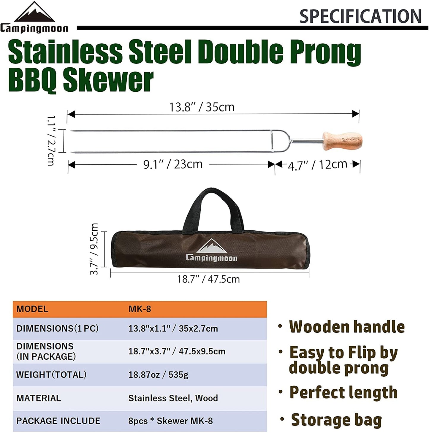 CAMPINGMOON MK-8 Stainless Steel Twin Skewer Outdoor Portable Lightweight Food Grade BBQ Skewers With Wooden Handle Barbecue Kebab Fork Needle