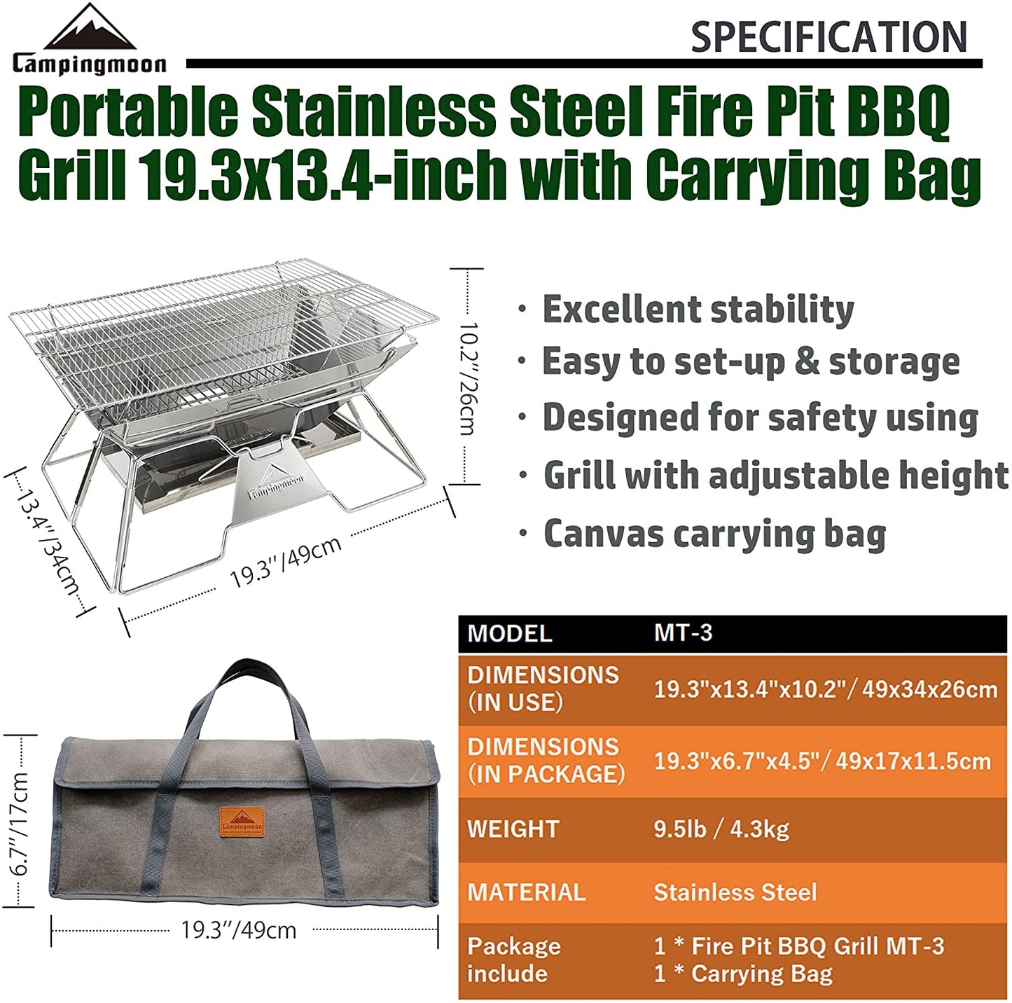 CAMPINGMOON Outdoor Portable Camping BBQ Grill Pure Stainless Steel X-Mini MT-2 MT-3 Charcoal Fire Wood Pit Bonfire Multi Purpose Small Medium Large