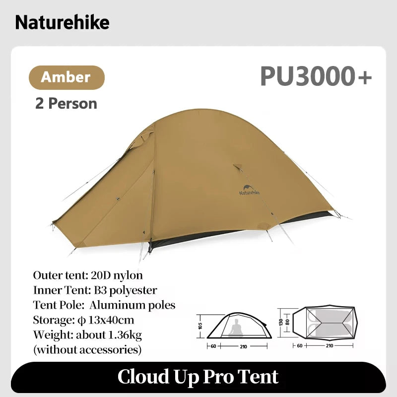 Naturehike CLOUD UP PRO Series Ultralight Camping Tent for 1 and 2 Person Waterproof 20D Nylon and 8 Series Aluminum Alloy Pole 4 Season Tent