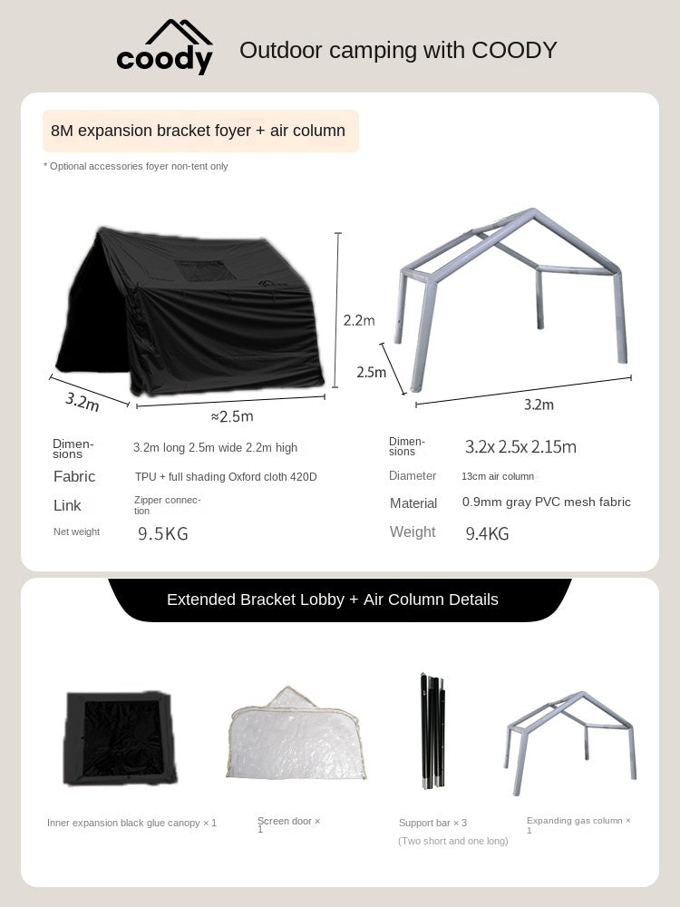 Coody AIR or Steel Frame Pole Tarp Extension Add-on for AIR 8.0 10.0 13.6 17.2 Set Portable Multipurpose Large Space Living Room Expansion 8 10