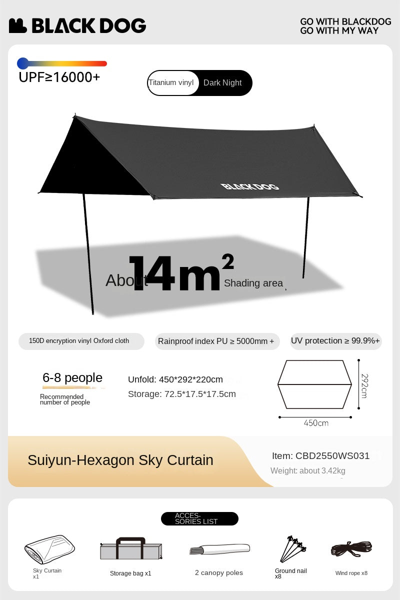 Blackdog TIMELESS Sky Curtain Black Canopy Tarp Awning Full Blackout Titanium Black Vinyl Coated Sunscreen Waterproof Outdoor Sunshade with 2 Poles