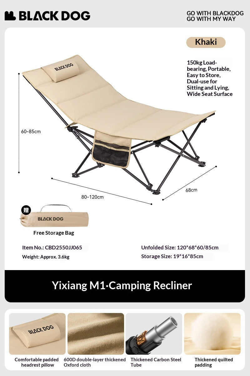 BLACKDOG Black Foldable Camping Lounger Portable Leisure Chair and Bed 2 in 1 Reclining Removable Headrest Pillow Folding Office Balcony Chair