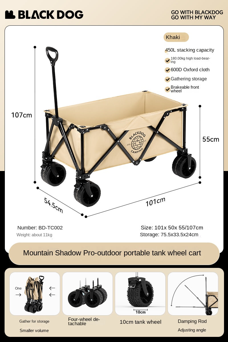 BLACKDOG Mountain Shadow Pro Camping Cart 150 Liters Large Capacity Folding Collapsible Cart Wagon Sundries Detachable Four-way Trolley With Brake