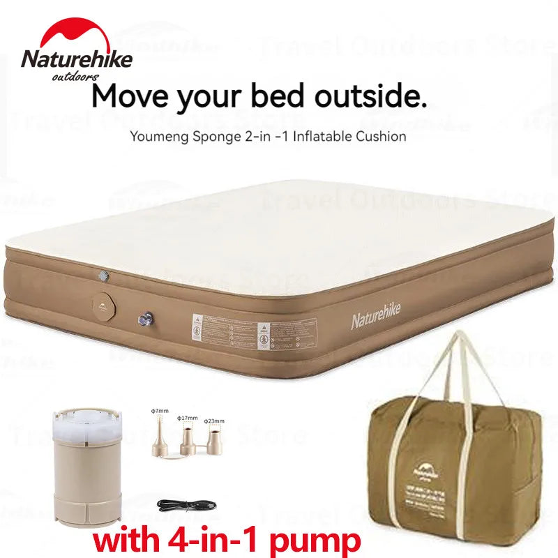 Naturehike Inflatable Air Mat Outdoor Double Mattress Tent Sleeping Pad Tourist Inflating Bed With 4 in 1 Built-in Pump Camping Hiking Picnic Beach Travel Heavy Duty Original Nature Hike