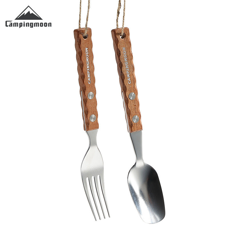 Campingmoon CS-23 Fork Spoon Two Piece Set Outdoor Portable Stainless Steel Solid Wood Handle Tableware Fork Spoon Wooden Handle Hanging Design