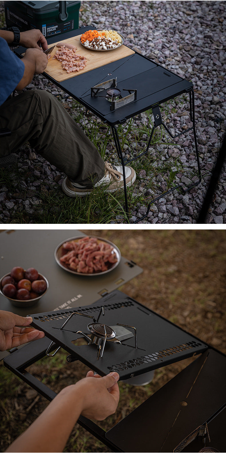 Campingmoon Modular Bridge Table Series Foldable Multiple Configuration IGT Compatible Outdoor Camping Black Folding Integrated Grill Kitchen Table