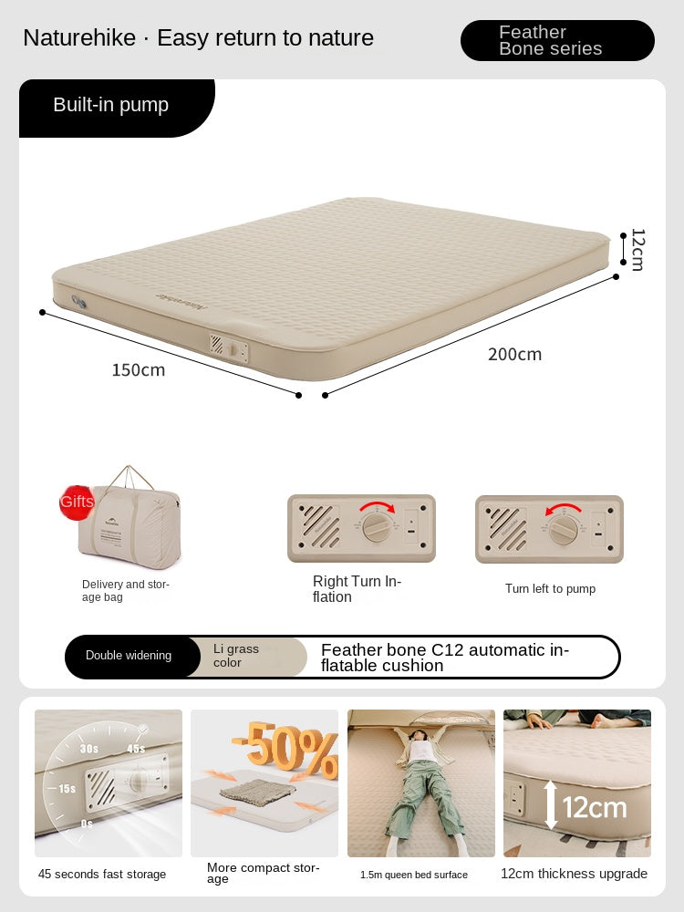 Naturehike FEATHER BONE C12 Inflatable Sleeping Pad Cushion Foam Queen Size Mattress Bed Mat Portable Storage Built-in Air Inflate Deflate Pump