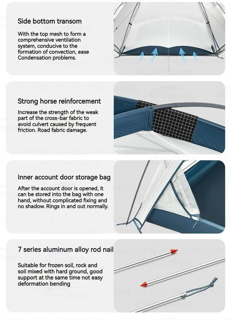 Naturehike JIM'S GEAR Series Hiking Tent Portable Ultralight Backpacking Tent 3 Bar Cross Structure 4 Seasons Tent 1-2 Persons 15D Nylon Waterproof